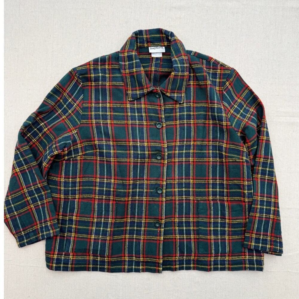Vintage BonWorth Dark Green Plaid Pea Coat with Red and Yellow Trim